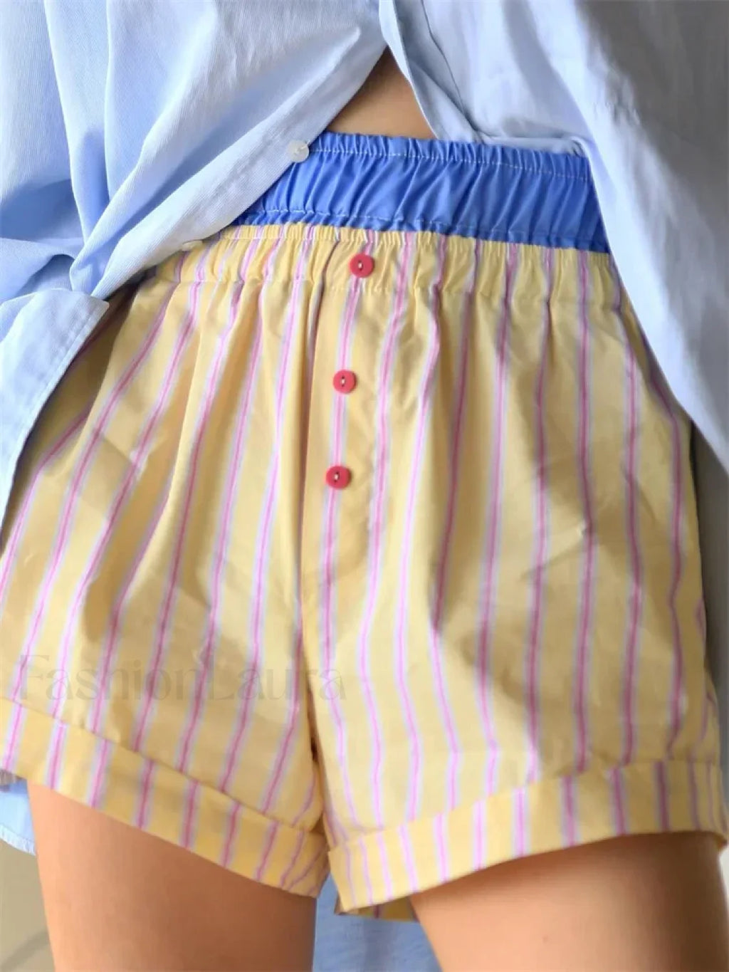 Elastic High Waist Patchwork Striped Print Casual Summer Short beige / S