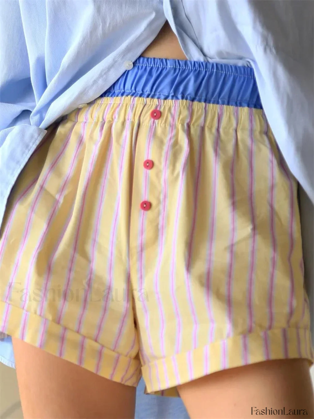 Elastic High Waist Patchwork Striped Print Casual Summer Short beige / S
