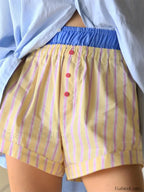 Elastic High Waist Patchwork Striped Print Casual Summer Short beige / S
