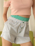 Elastic High Waist Patchwork Striped Print Casual Summer Short green / S