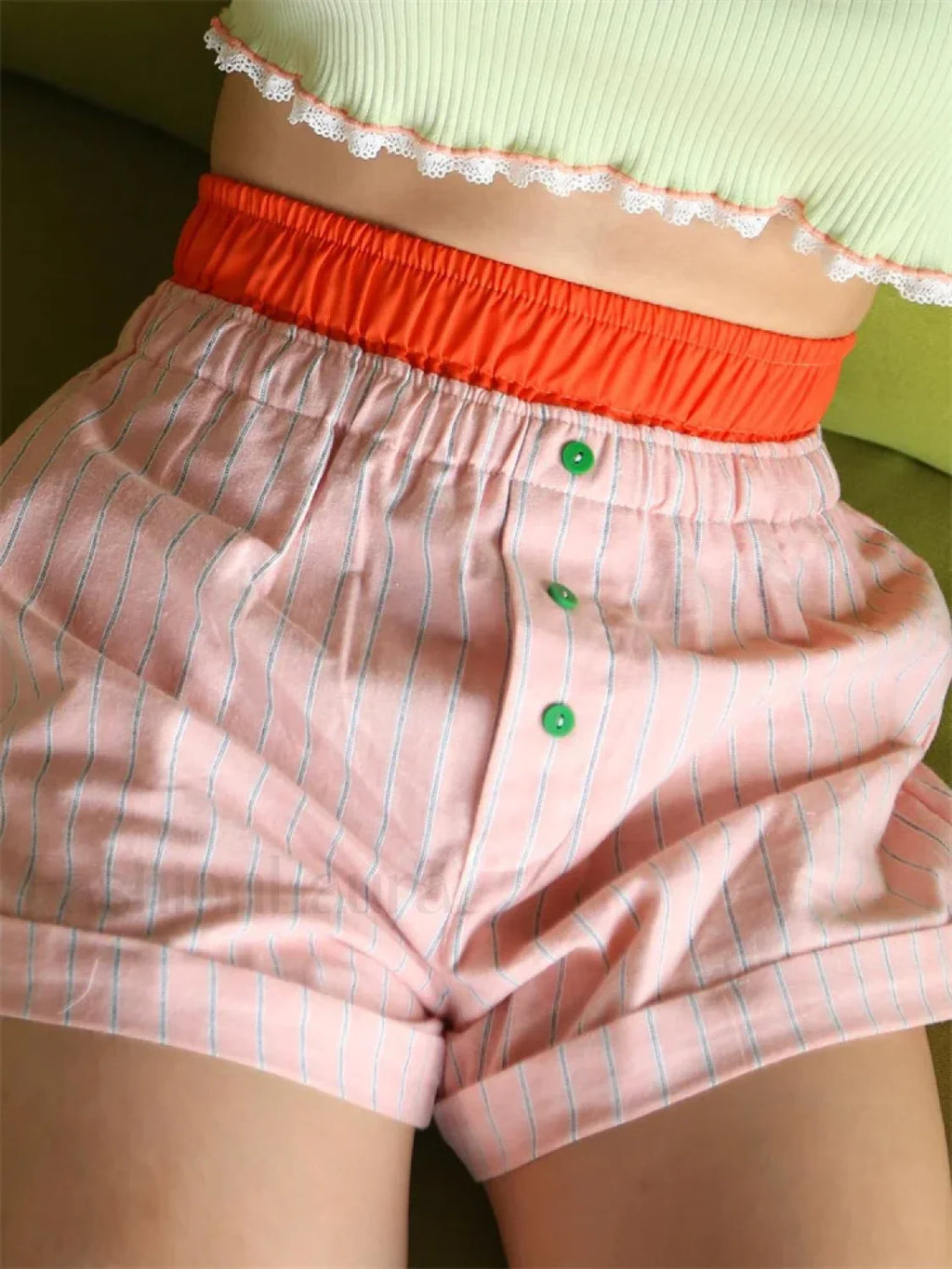 Elastic High Waist Patchwork Striped Print Casual Summer Short pink / S