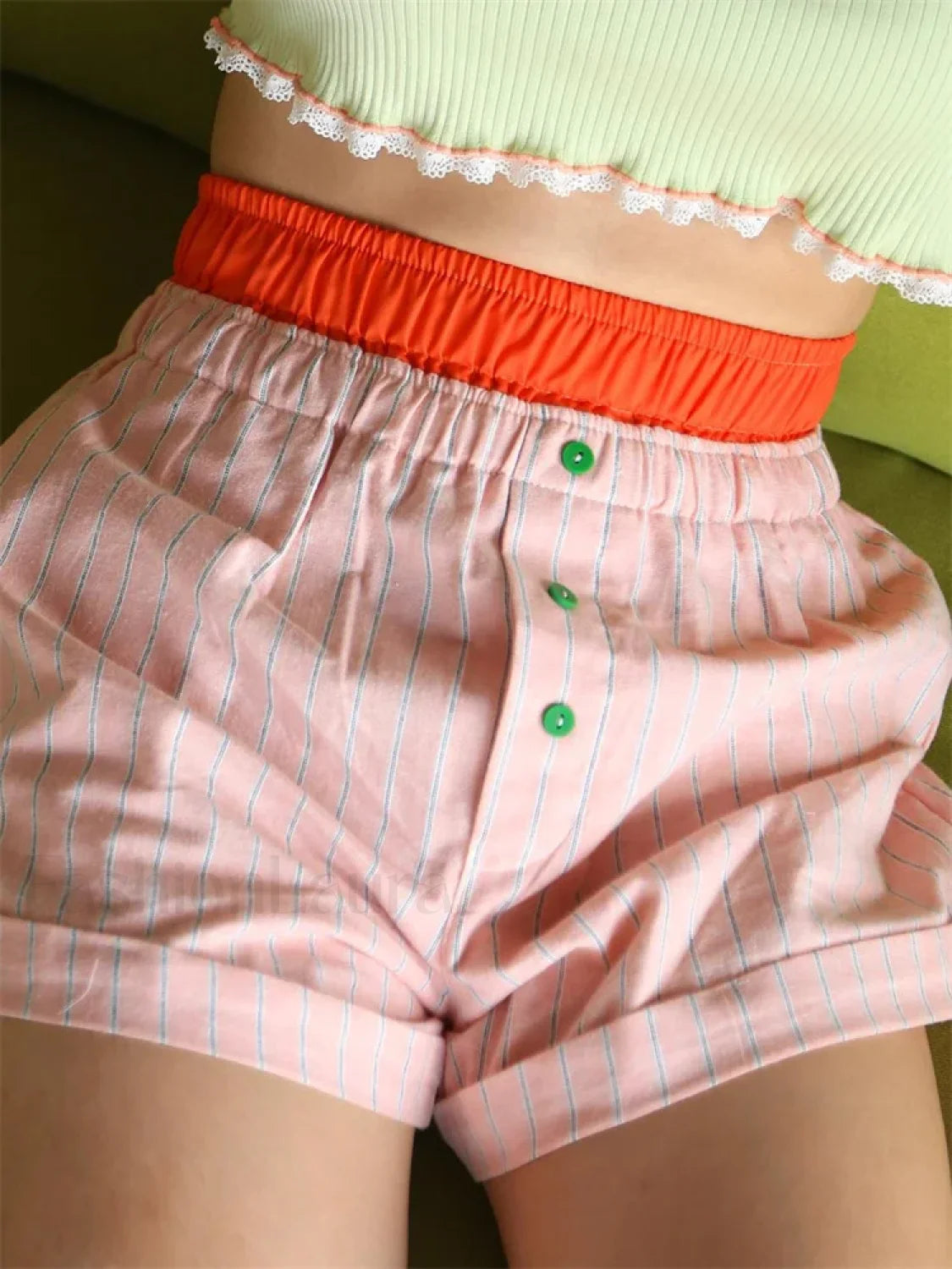 Elastic High Waist Patchwork Striped Print Casual Summer Short pink / S