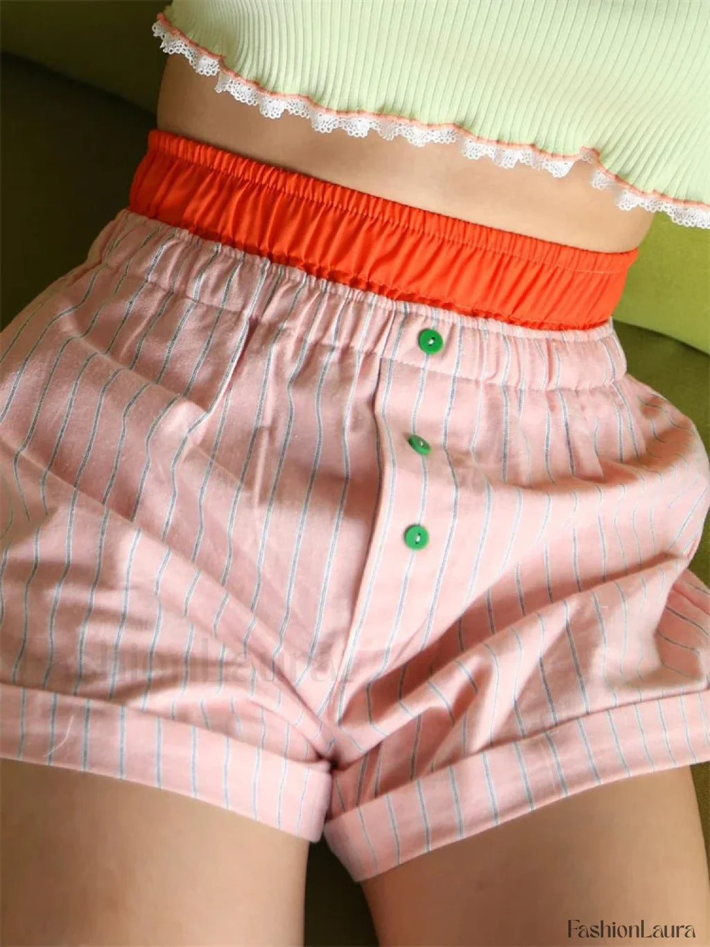 Elastic High Waist Patchwork Striped Print Casual Summer Short pink / S