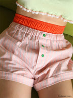 Elastic High Waist Patchwork Striped Print Casual Summer Short pink / S
