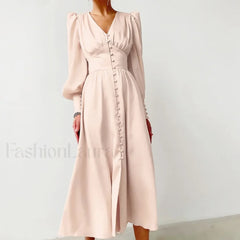 Elegant and fashionable Women’s Fall V neck Satin Full Button Skinny Vintage Split Maxi Dress Beige / XS