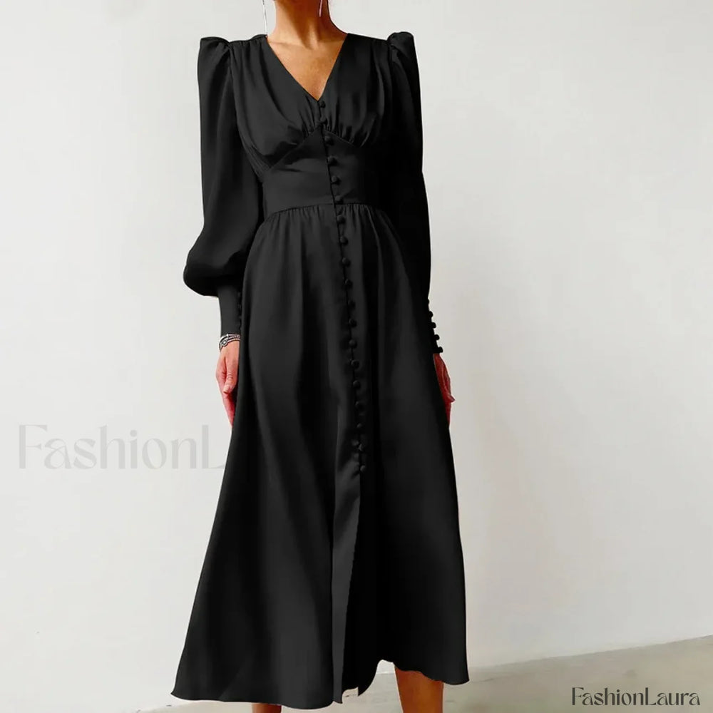 Elegant and fashionable Women’s Fall V neck Satin Full Button Skinny Vintage Split Maxi Dress Black / XS