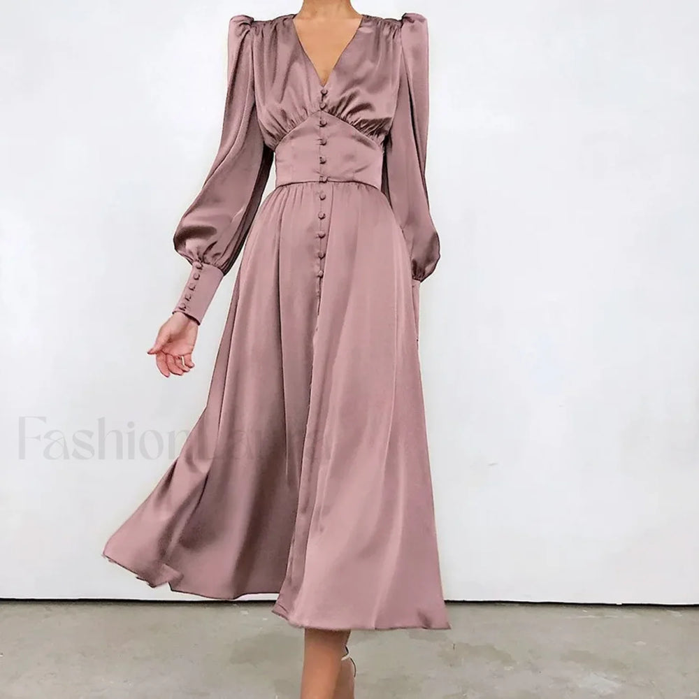 Elegant and fashionable Women’s Fall V neck Satin Full Button Skinny Vintage Split Maxi Dress Brown / XS