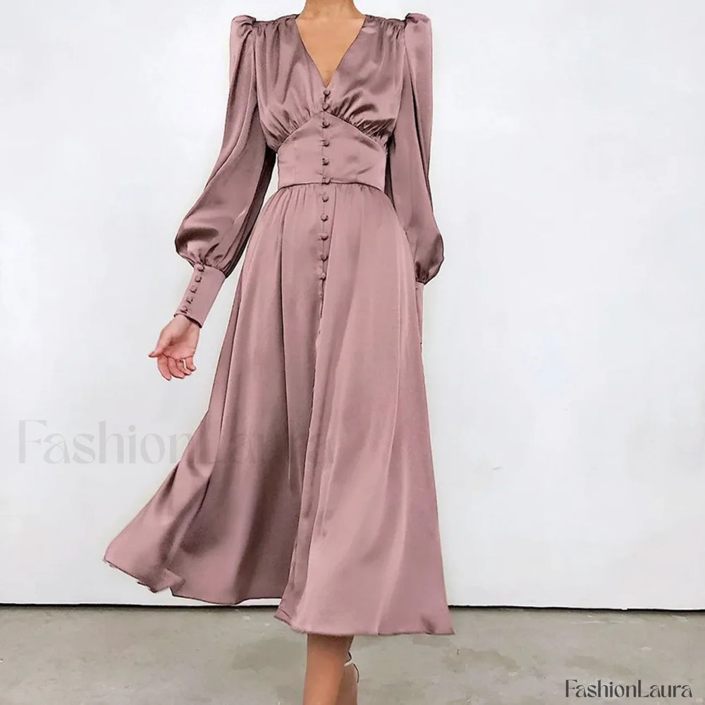 Elegant and fashionable Women’s Fall V neck Satin Full Button Skinny Vintage Split Maxi Dress Brown / XS