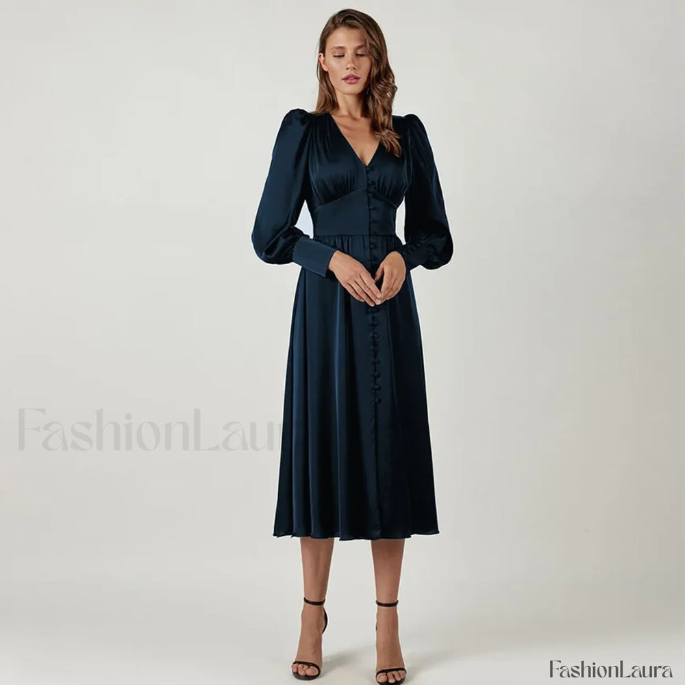 Elegant and fashionable Women’s Fall V neck Satin Full Button Skinny Vintage Split Maxi Dress Dark Blue / XS