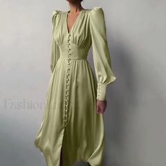 Elegant and fashionable Women’s Fall V neck Satin Full Button Skinny Vintage Split Maxi Dress Green / XS