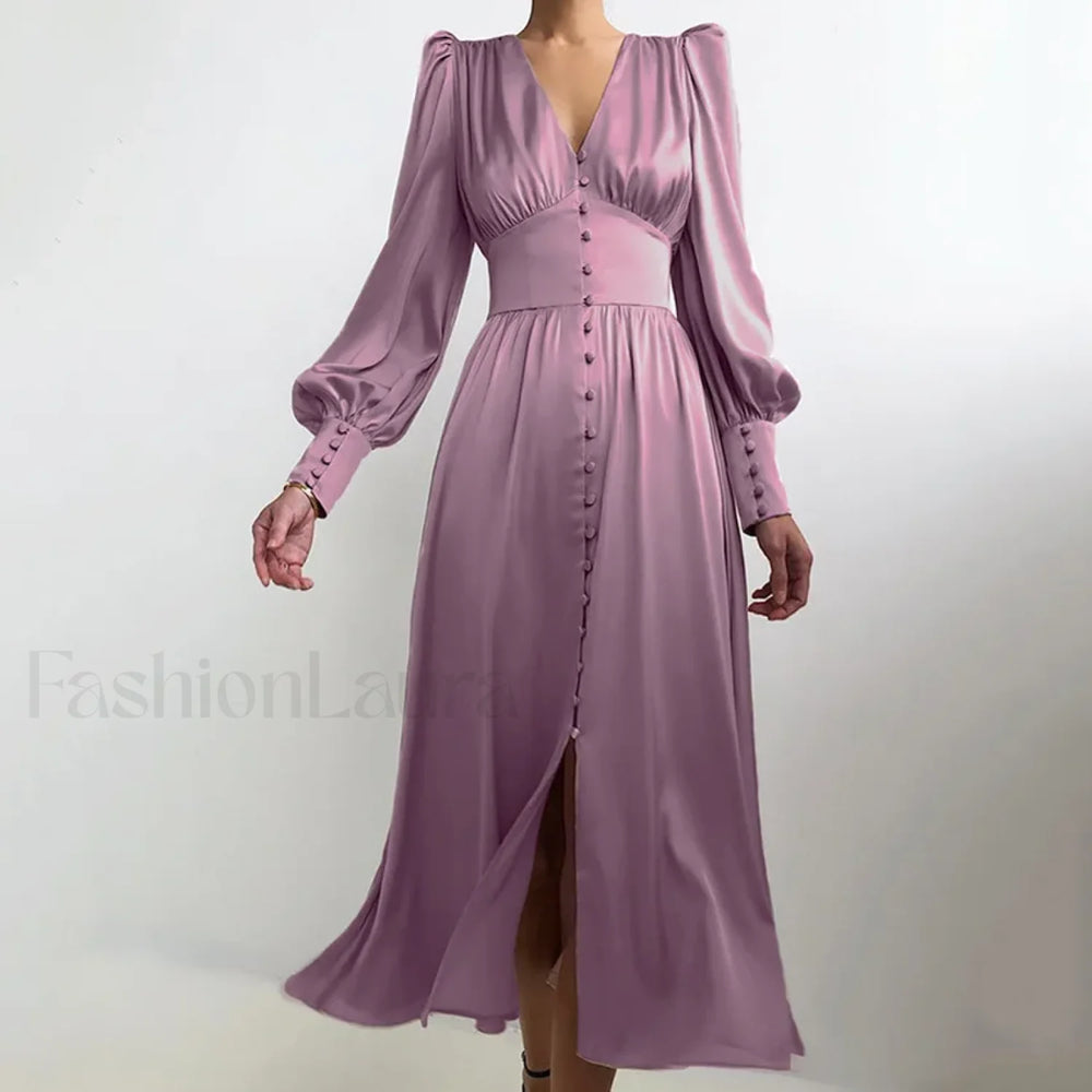 Elegant and fashionable Women’s Fall V neck Satin Full Button Skinny Vintage Split Maxi Dress Purple / XS