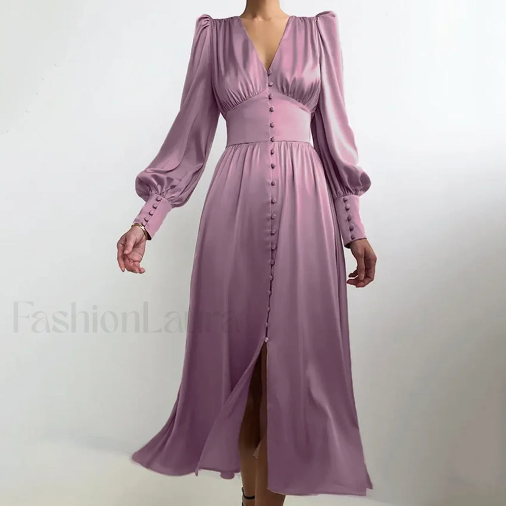 Elegant and fashionable Women’s Fall V neck Satin Full Button Skinny Vintage Split Maxi Dress Purple / XS