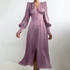 Elegant and fashionable Women’s Fall V neck Satin Full Button Skinny Vintage Split Maxi Dress Purple / XS