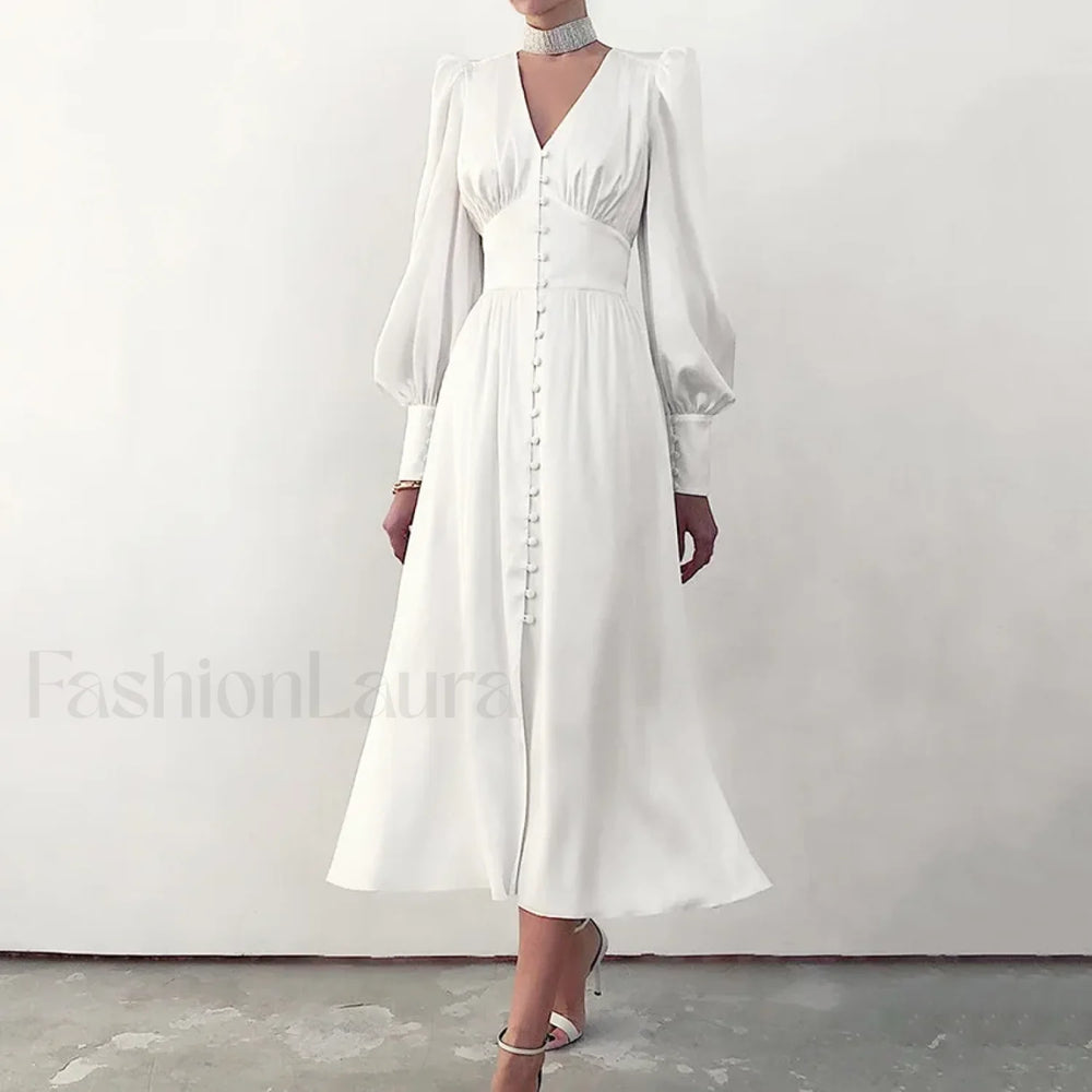 Elegant and fashionable Women’s Fall V neck Satin Full Button Skinny Vintage Split Maxi Dress WHITE / XS
