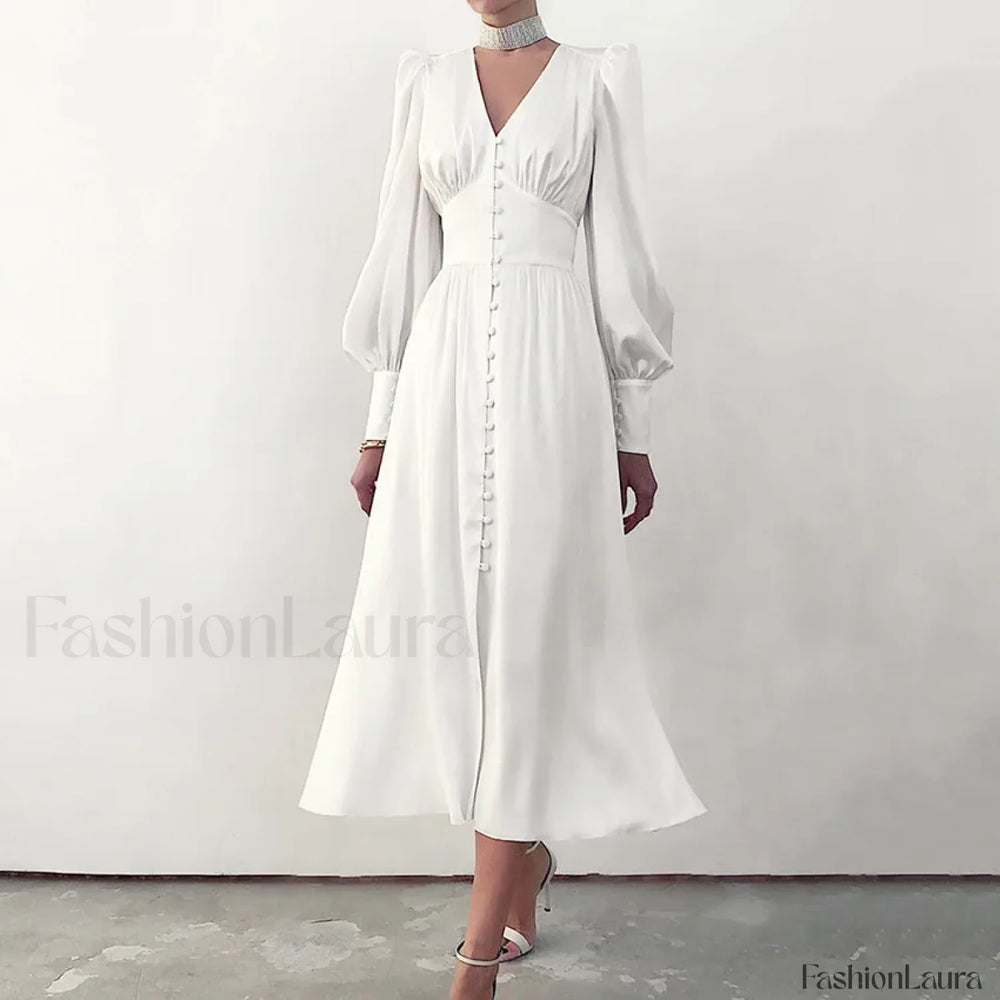 Elegant and fashionable Women’s Fall V neck Satin Full Button Skinny Vintage Split Maxi Dress WHITE / XS