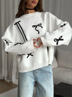 Elegant Bows Printed Round Neck Knitted Pullover Women Casual Long Sleeve Cropped Sweater Sweaters L