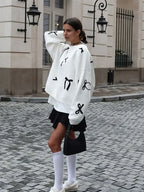 Elegant Bows Printed Round Neck Knitted Pullover Women Casual Long Sleeve Cropped Sweater Sweaters L