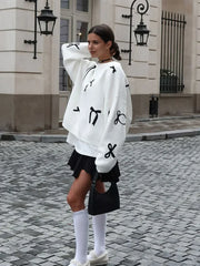 Elegant Bows Printed Round Neck Knitted Pullover Women Casual Long Sleeve Cropped Sweater Sweaters L