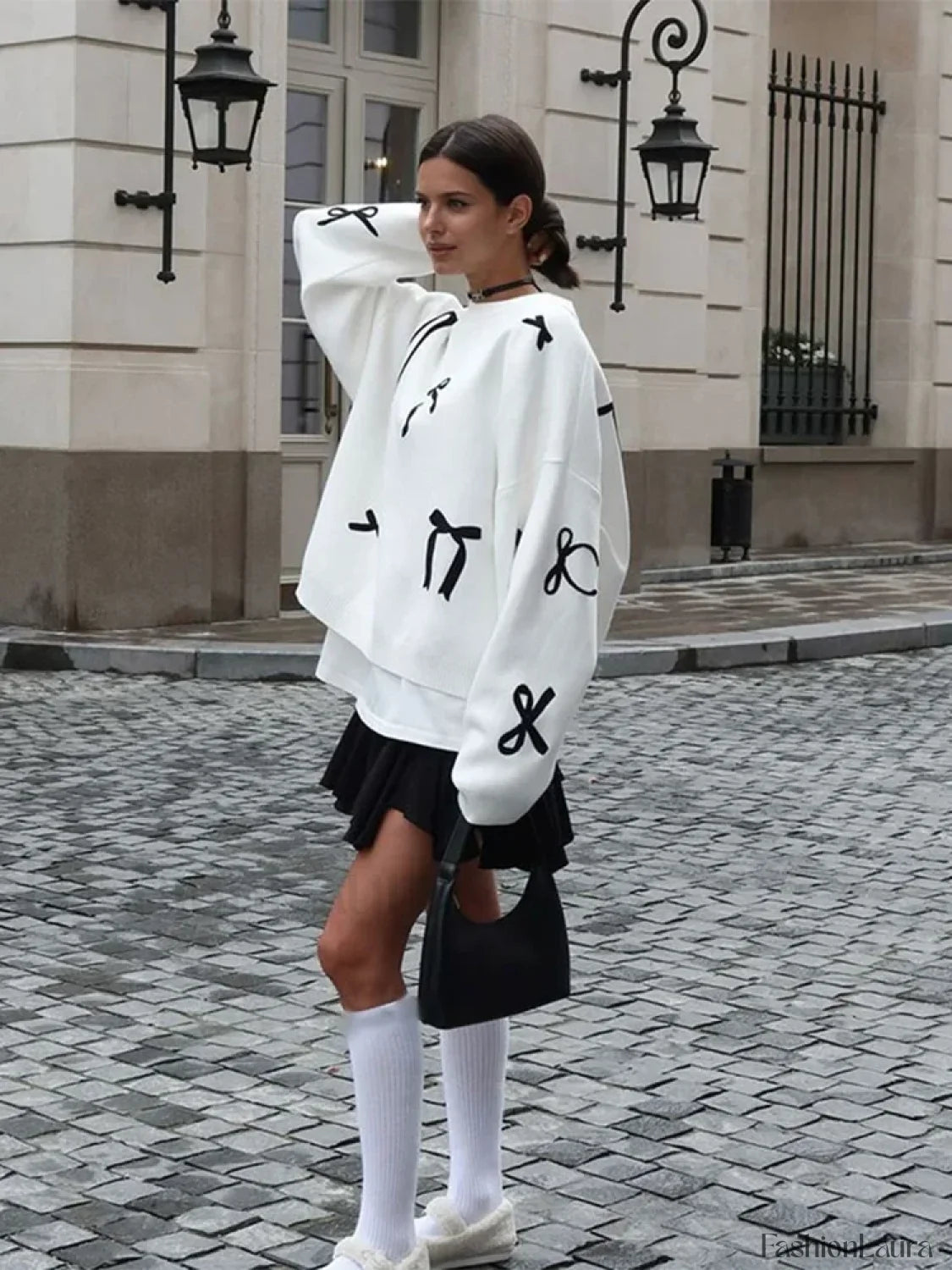 Elegant Bows Printed Round Neck Knitted Pullover Women Casual Long Sleeve Cropped Sweater Sweaters L