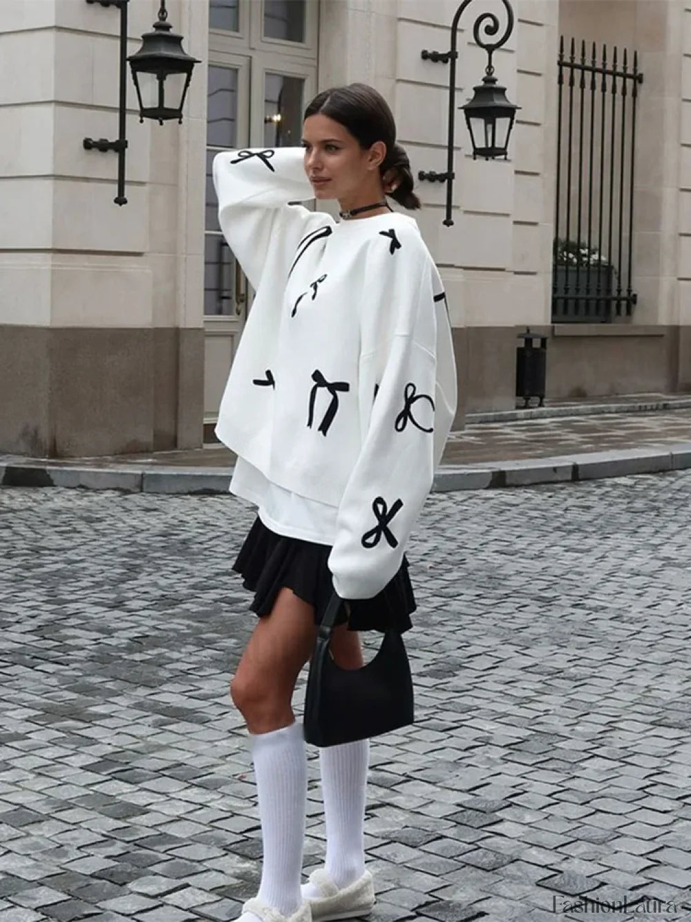 Elegant Bows Printed Round Neck Knitted Pullover Women Casual Long Sleeve Cropped Sweater Sweaters L