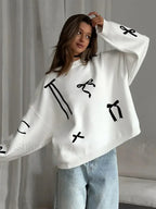 Elegant Bows Printed Round Neck Knitted Pullover Women Casual Long Sleeve Cropped Sweater Sweaters L