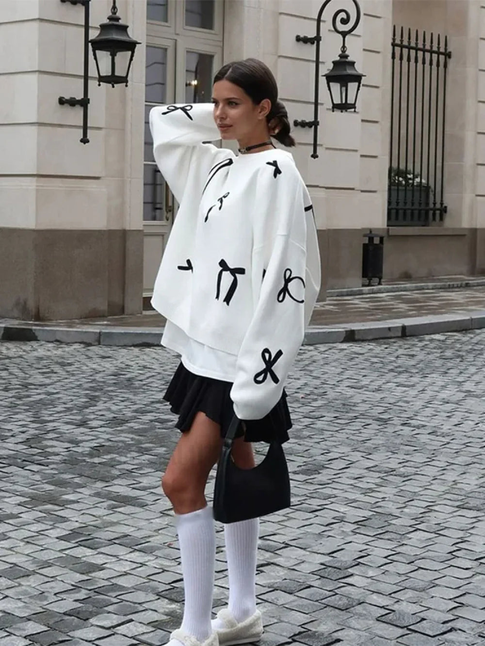 Elegant Bows Printed Round Neck Knitted Pullover Women Casual Long Sleeve Cropped Sweater Sweaters L