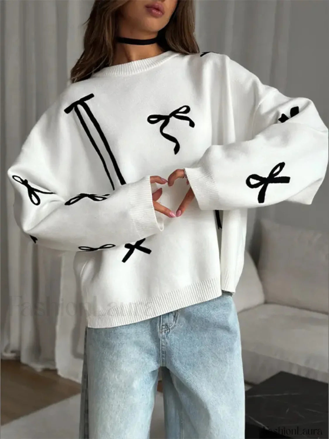 Elegant Bows Printed Round Neck Knitted Pullover Women Casual Long Sleeve Cropped Sweater Sweaters L