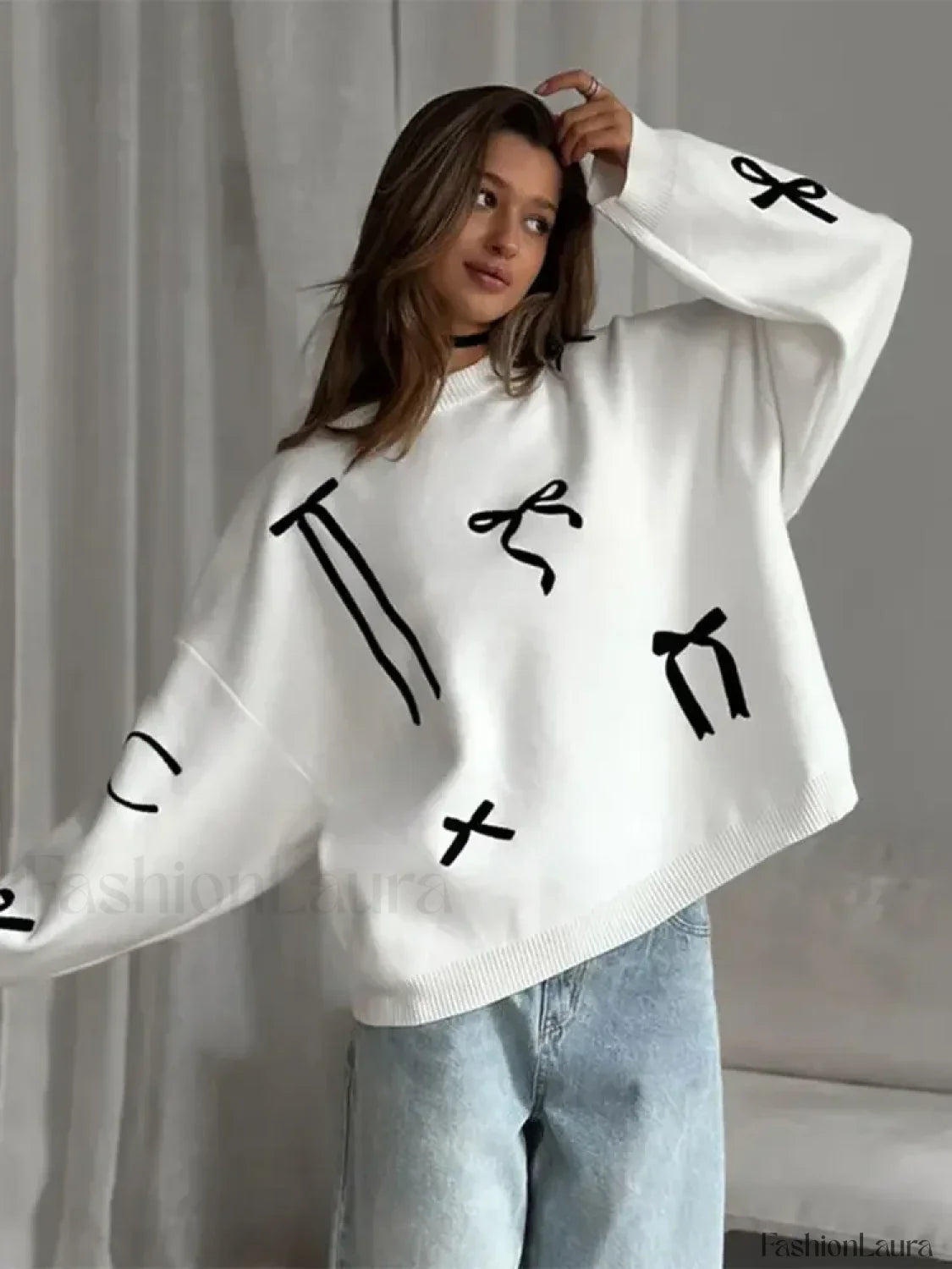 Elegant Bows Printed Round Neck Knitted Pullover Women Casual Long Sleeve Cropped Sweater Sweaters L