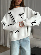 Elegant Bows Printed Round Neck Knitted Pullover Women Casual Long Sleeve Cropped Sweater White / S Sweaters L