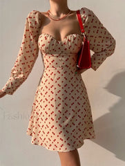 Elegant Dot Floral Prints Spring/Summer Women’s Low Cut Square Neck Full Lantern Sleeve Mini Dress