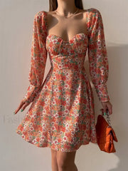 Elegant Dot Floral Prints Spring/Summer Women’s Low Cut Square Neck Full Lantern Sleeve Mini Dress