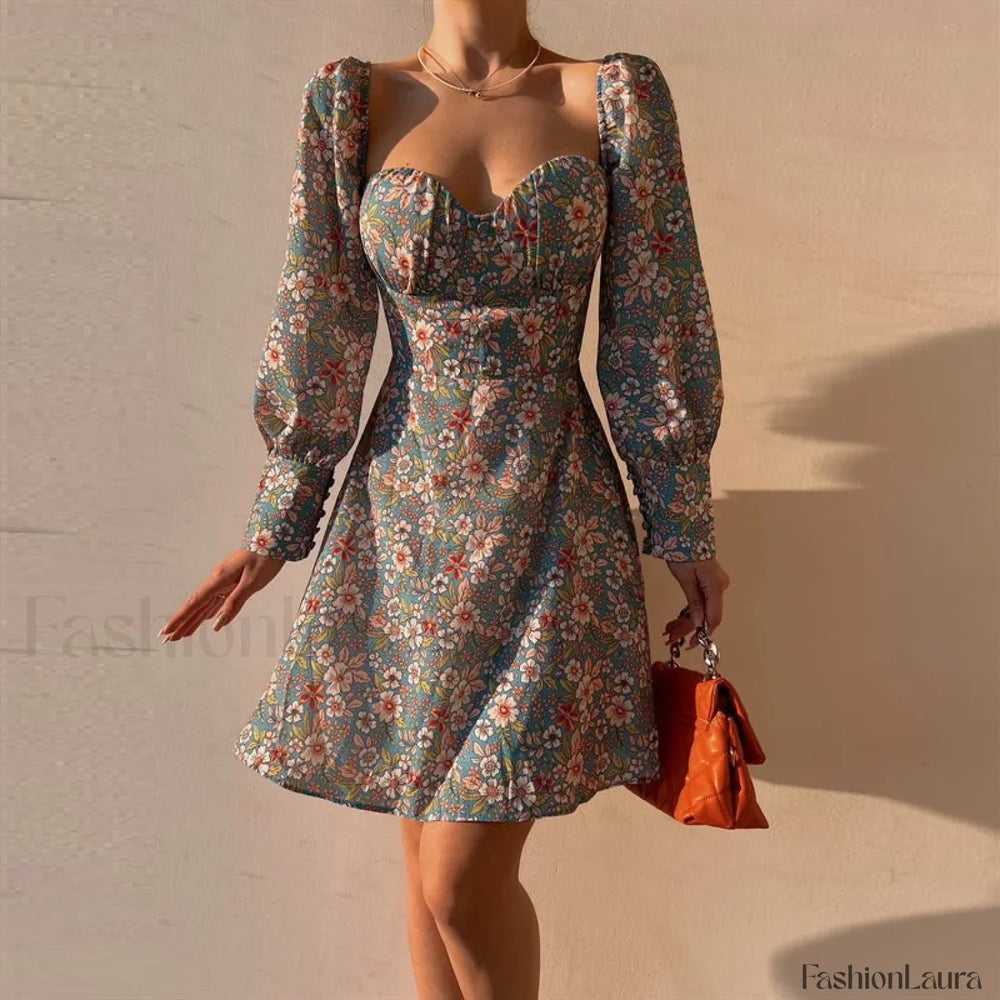 Elegant Dot Floral Prints Spring/Summer Women’s Low Cut Square Neck Full Lantern Sleeve Mini Dress