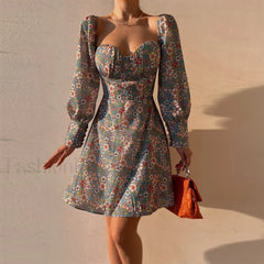Elegant Dot Floral Prints Spring/Summer Women’s Low Cut Square Neck Full Lantern Sleeve Mini Dress