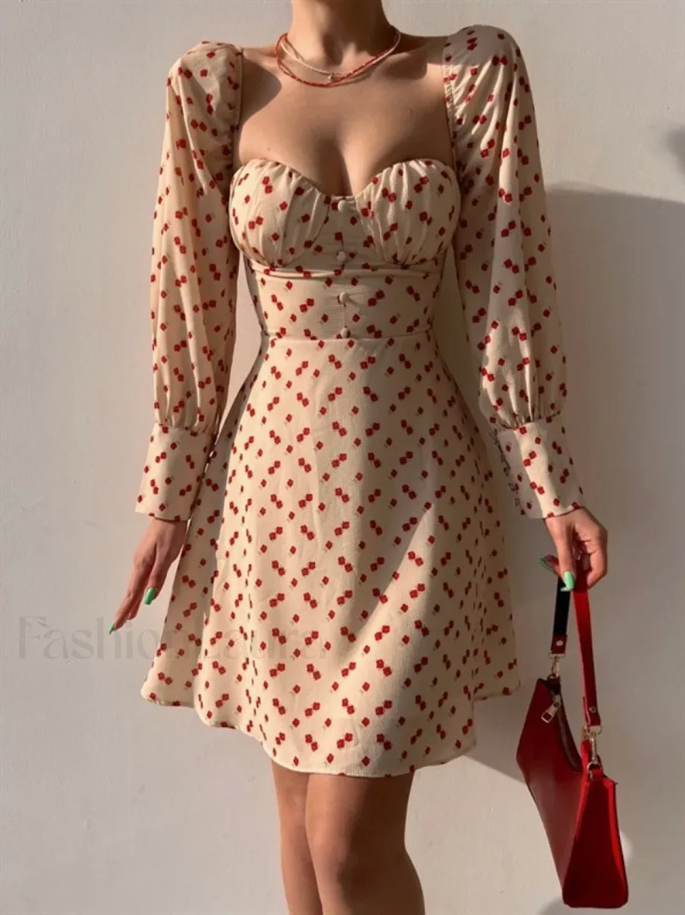 Elegant Dot Floral Prints Spring/Summer Women’s Low Cut Square Neck Full Lantern Sleeve Mini Dress