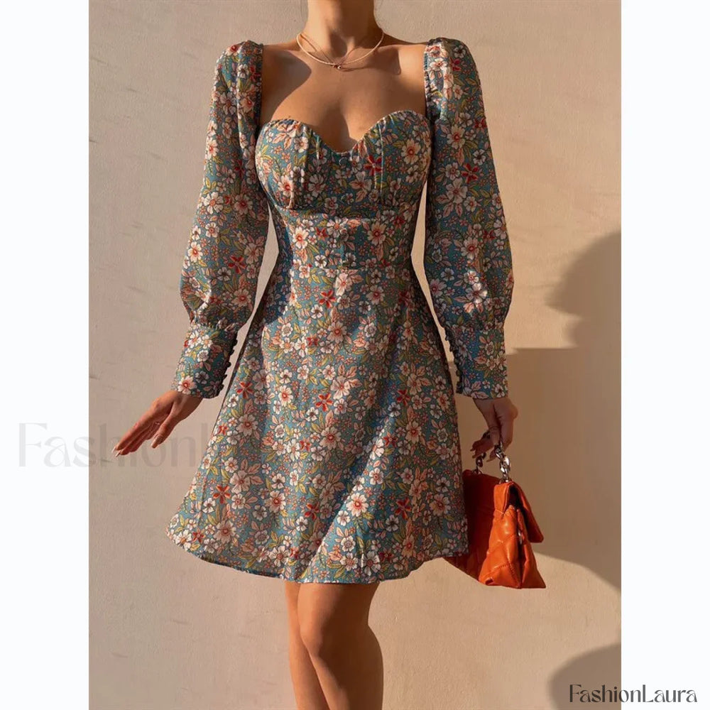 Elegant Dot Floral Prints Spring/Summer Women’s Low Cut Square Neck Full Lantern Sleeve Mini Dress Blue / S