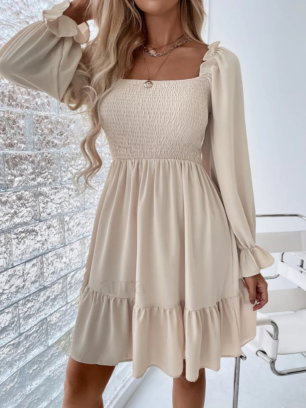 Elegant Fashion Solid Square Collar Ruffle Backless Midi Dress APRICOT / S