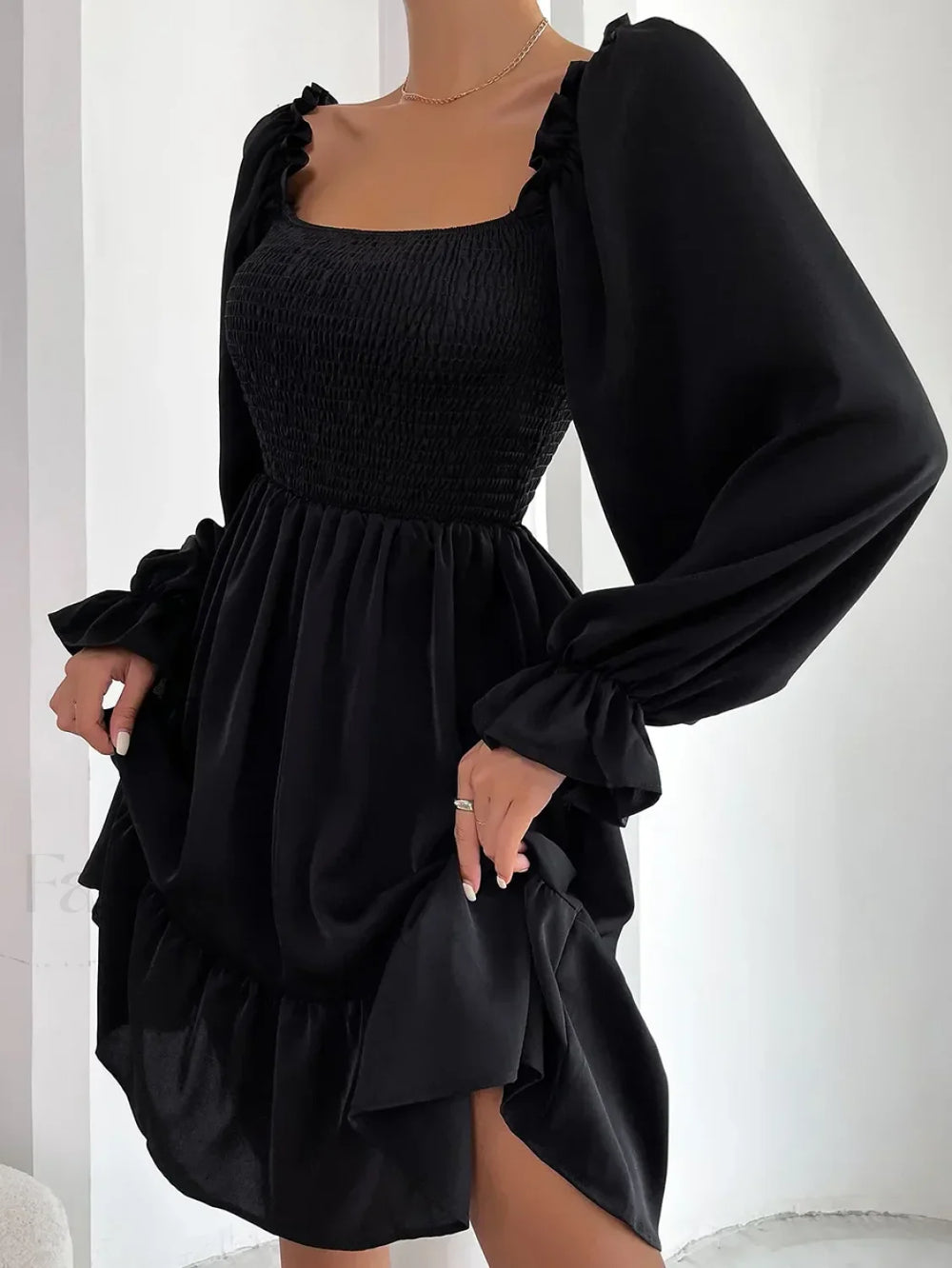 Elegant Fashion Solid Square Collar Ruffle Backless Midi Dress Black / S