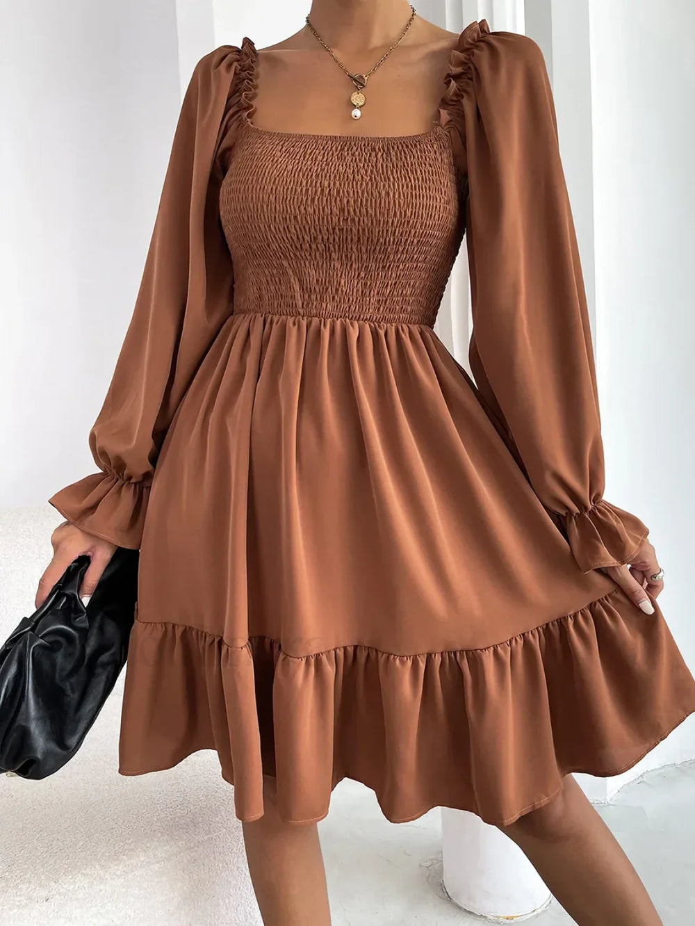 Elegant Fashion Solid Square Collar Ruffle Backless Midi Dress camel / S