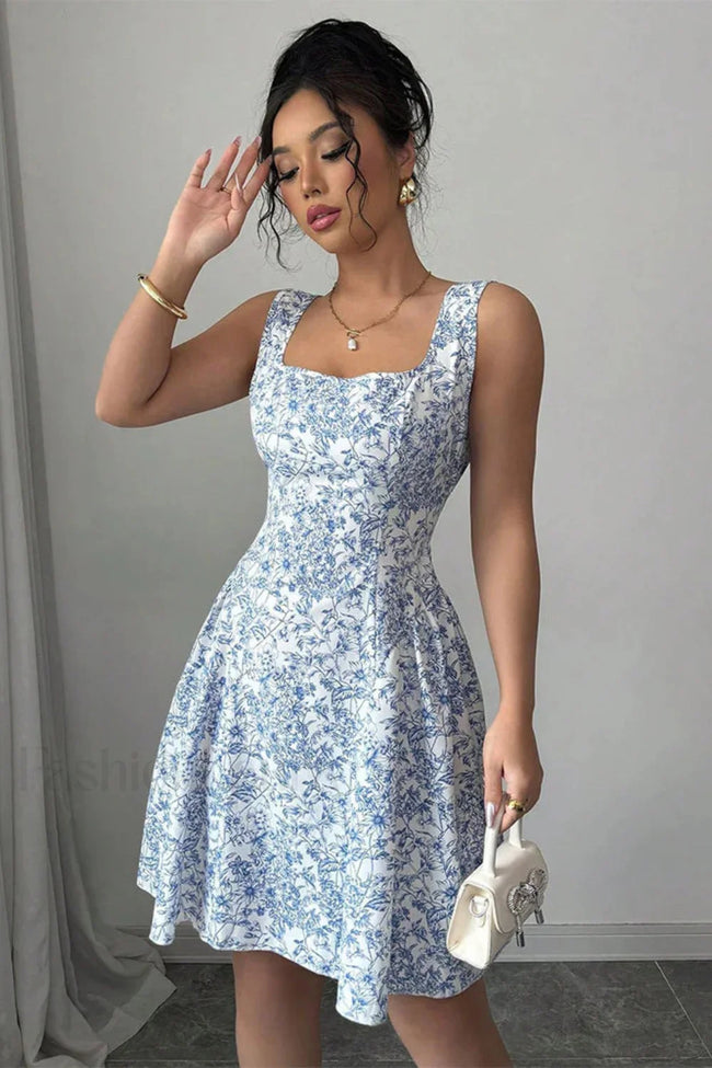 Elegant Floral Backless Design Floral Dress Blue on white / S Main image