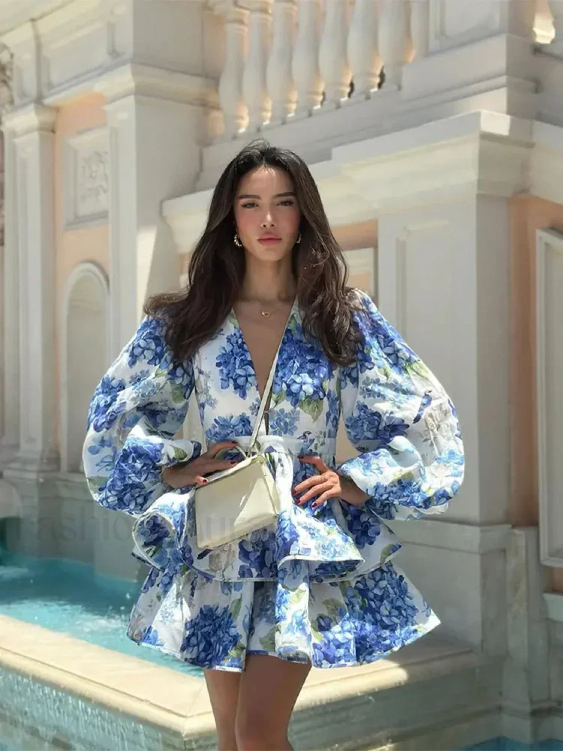 Elegant Floral Print Mini Dress Puff Sleeved Beach Floral Dress Main image