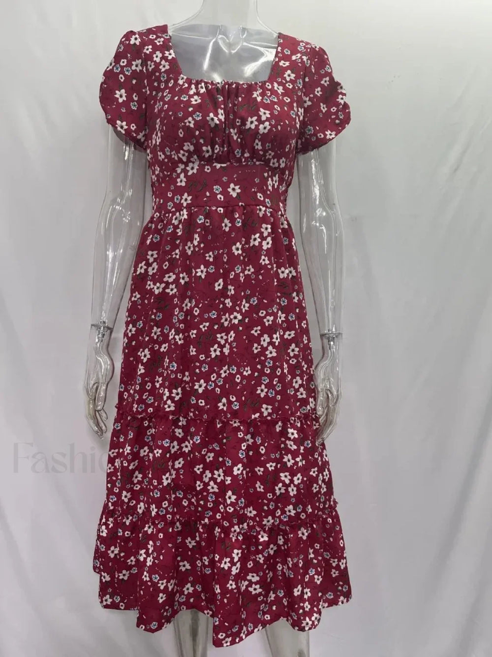 Elegant Floral Prints Square Neck Short Puff Sleeve Midi Dress