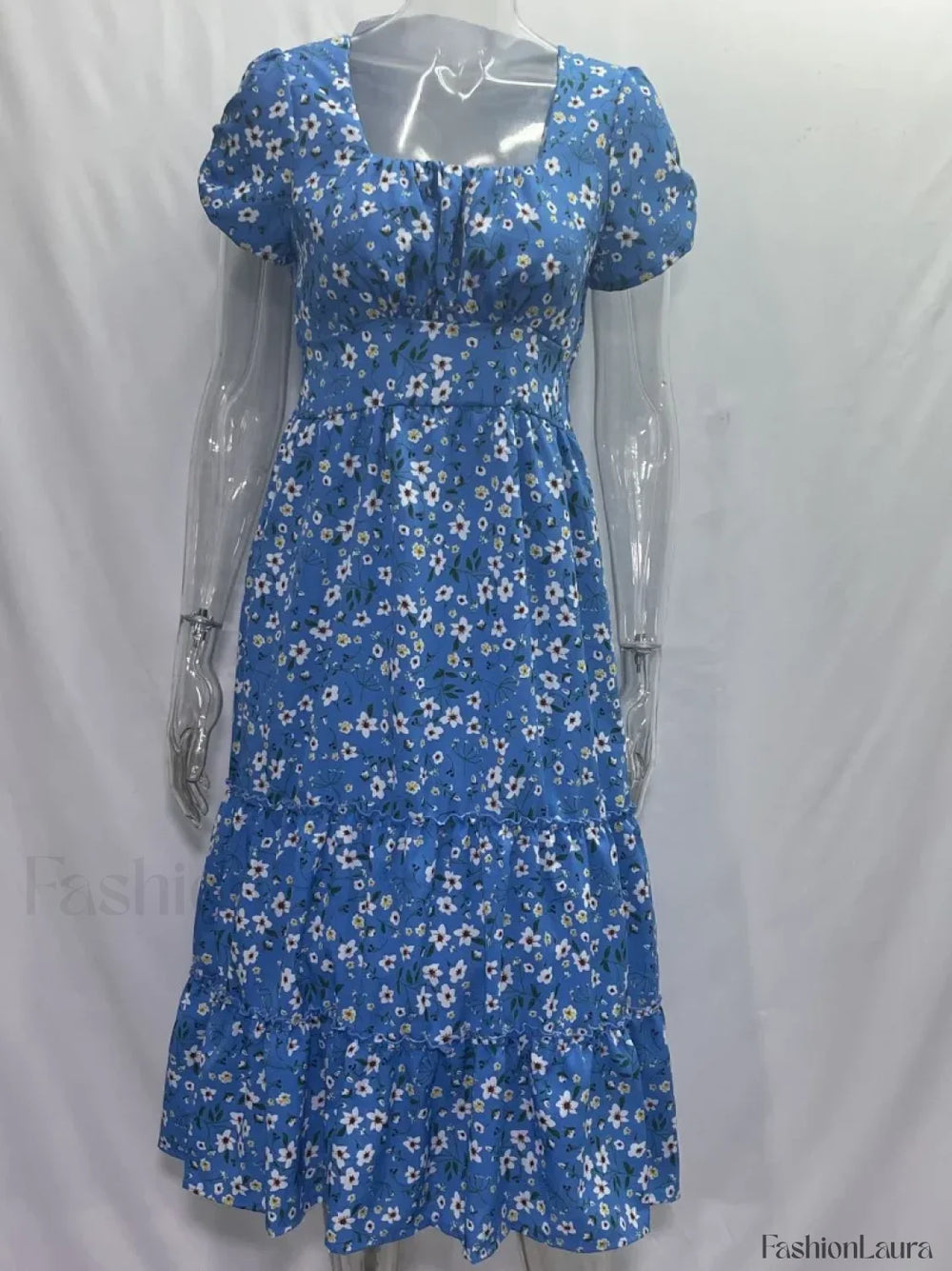 Elegant Floral Prints Square Neck Short Puff Sleeve Midi Dress