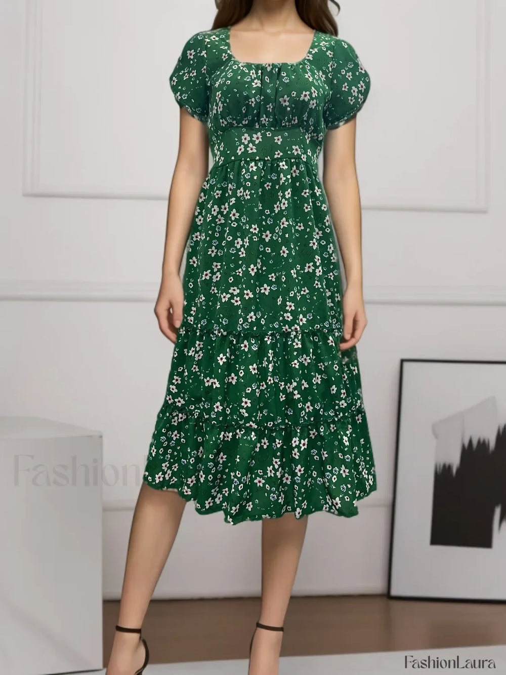 Elegant Floral Prints Square Neck Short Puff Sleeve Midi Dress Green / S