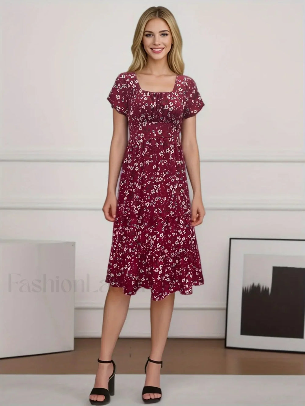 Elegant Floral Prints Square Neck Short Puff Sleeve Midi Dress Red / S