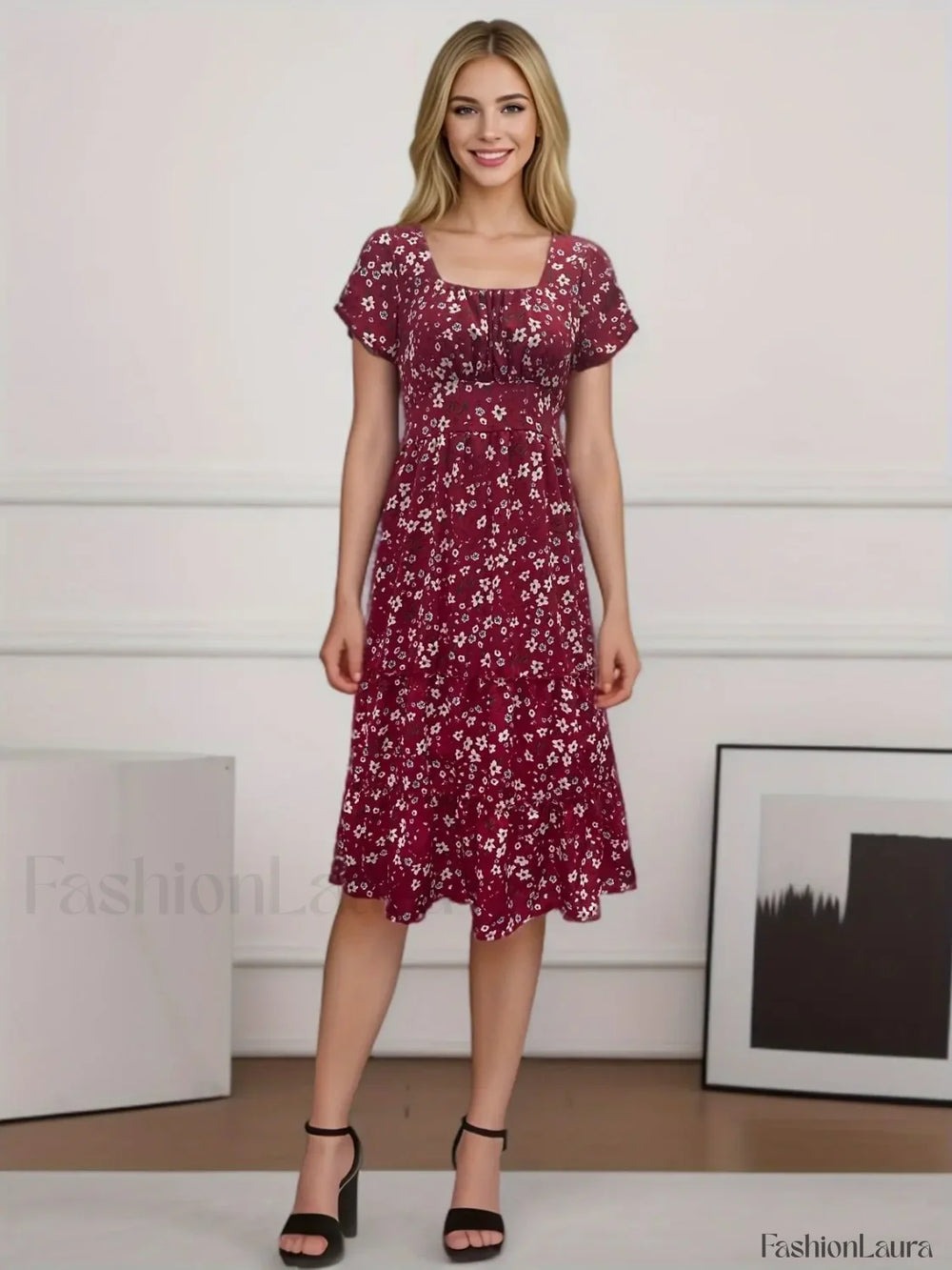 Elegant Floral Prints Square Neck Short Puff Sleeve Midi Dress Red / S