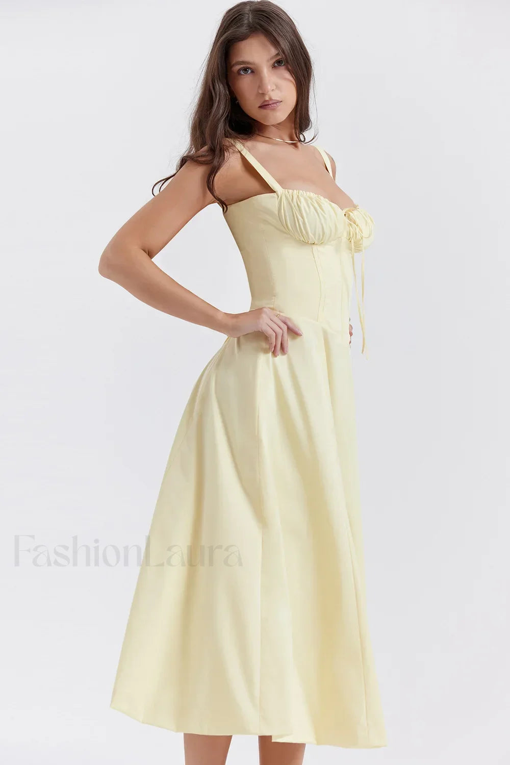 Elegant Floral Side Split Floral Dress faint yellow / S