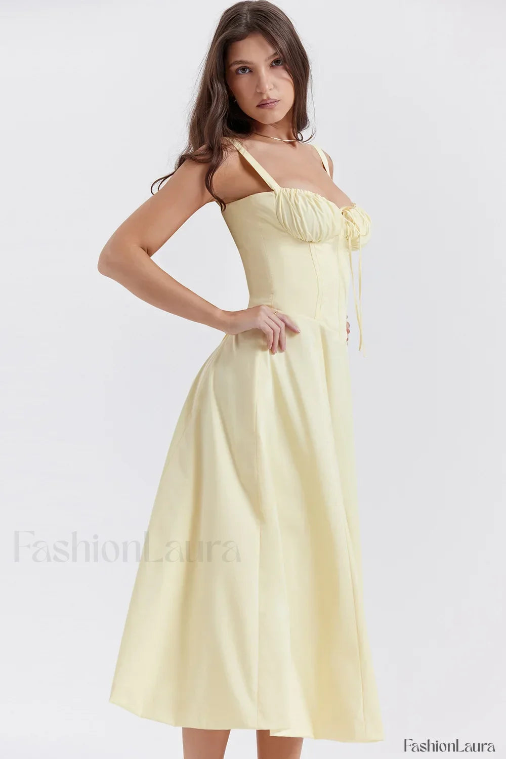 Elegant Floral Side Split Floral Dress faint yellow / S