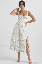 Elegant Floral Side Split Floral Dress white green / S