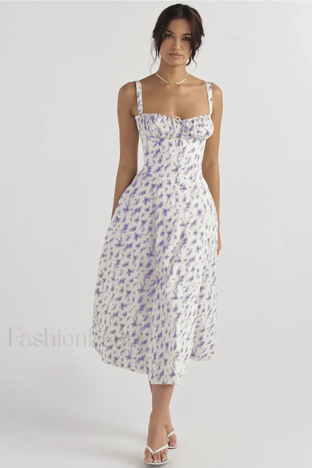 Elegant Floral Side Split Floral Dress white purple / S