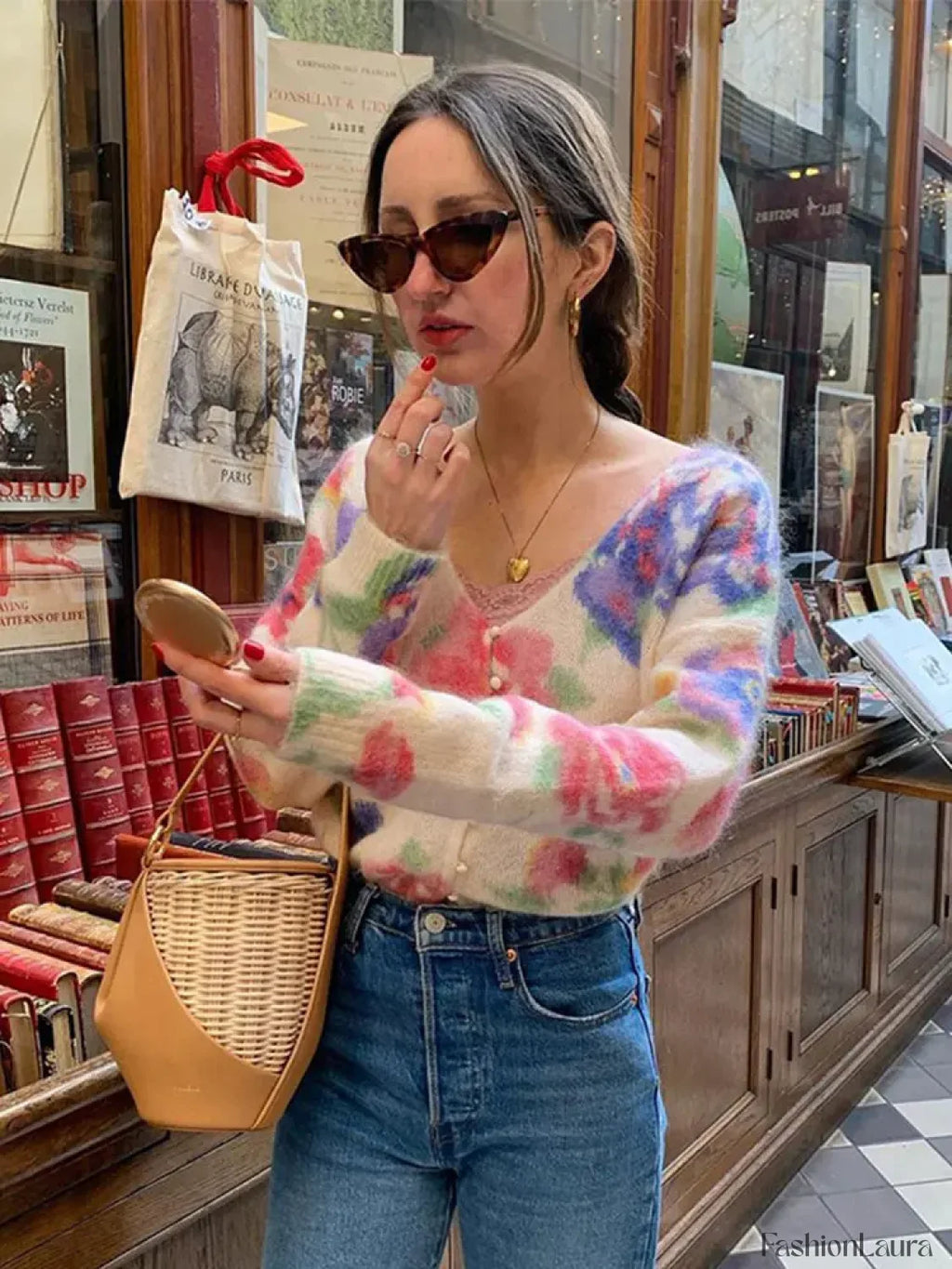 Elegant Flower Print Backless Knitted Women Fashion V Neck Long Sleeve Sweater Sweaters L
